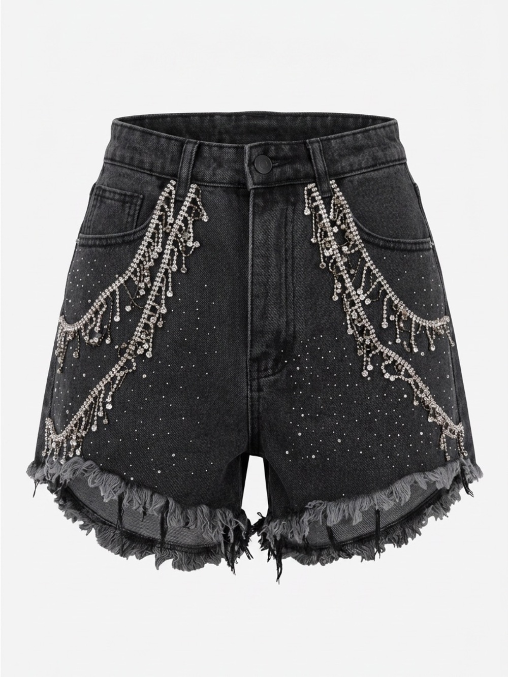 Collection B Black Denim Shorts with Crystal Tassel Fringe